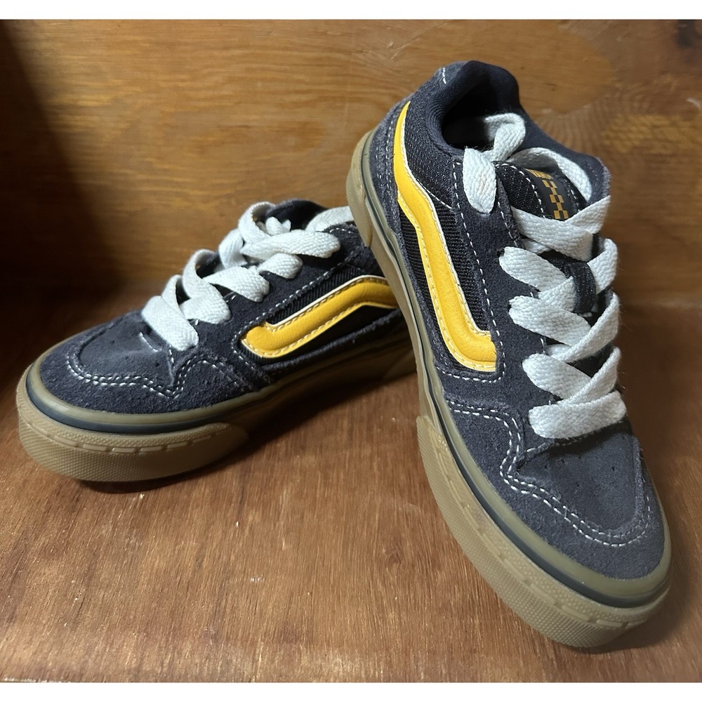 VANS Caldron Youth Boys Sz11 Black Lace Up Suede Sneaker Shoes Navy Blue/Yellow